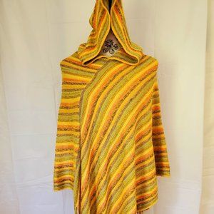 JEWEL TONE STRIPED FRINGE HOODIE PONCHO CAPE